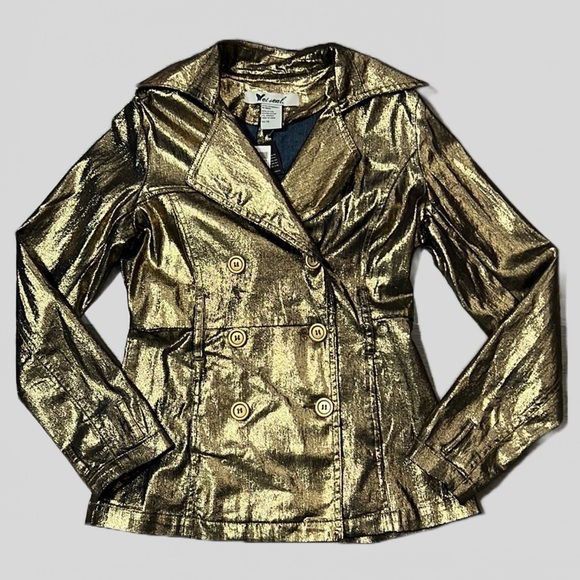 NWT Wet Seal Statement Gold Metallic Trench Style Jacket Blazer Double Breast XS - Picture 1 of 11